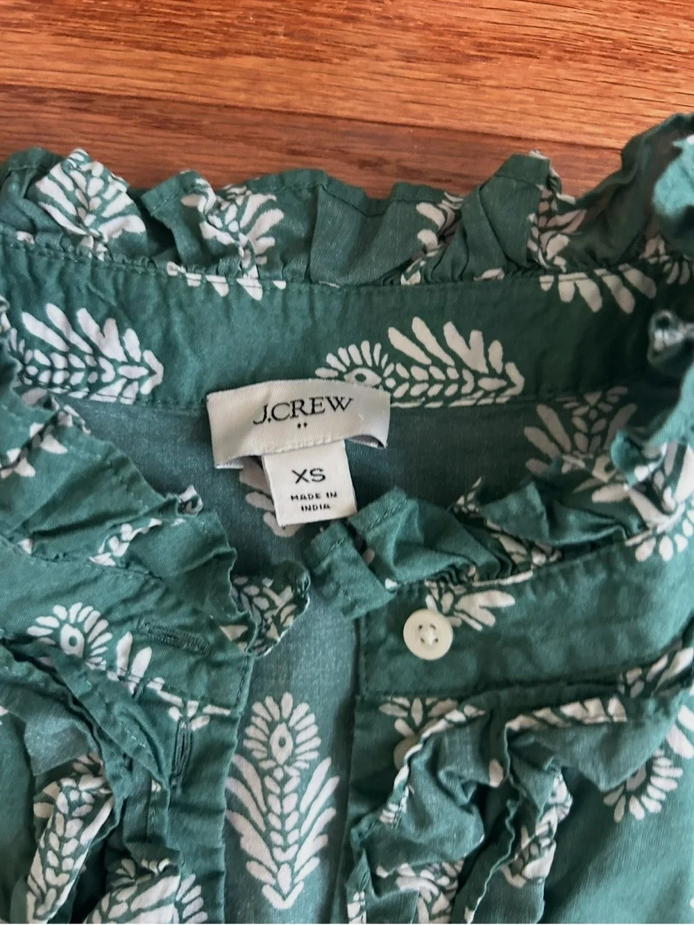 J.Crew Ruffle Neck Green Floral Print Blouse Women's XS Puff Sleeve Top